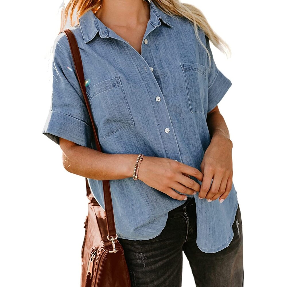 Button Down Casual Denim Button Down Short Sleeve Blouse With Pocket Sz XL